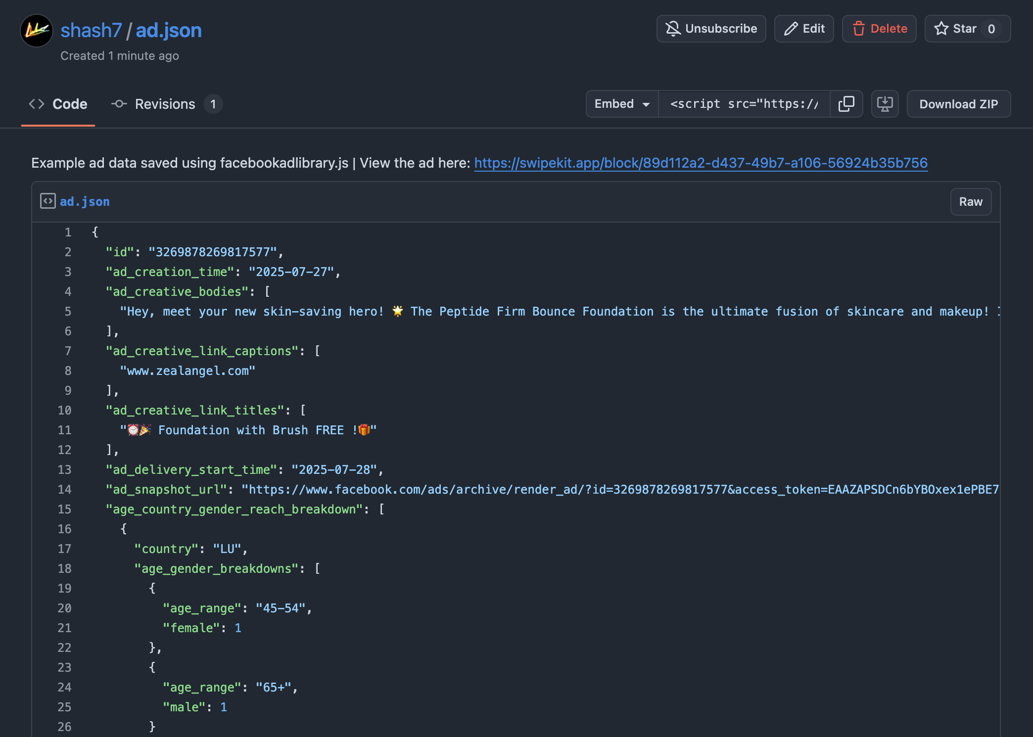 Example of an ad JSON fetched using the meta ad library api