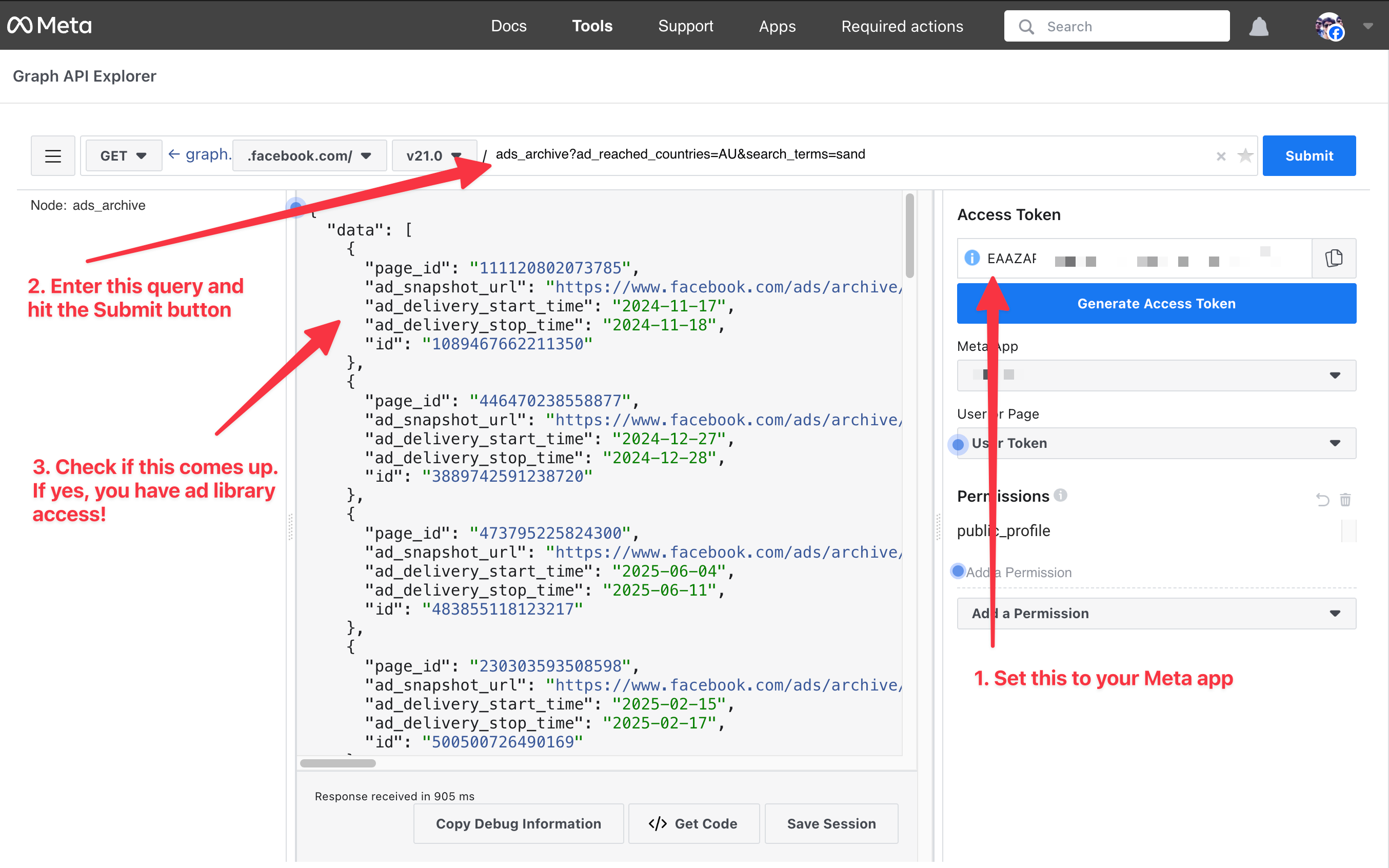 Check Meta ad library access via the Graph API tool